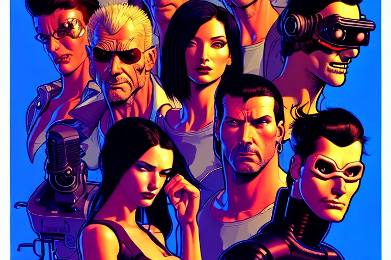 Image similar to cyberpunk heist crew. portrait by stonehouse and mœbius and will eisner and gil elvgren and pixar. character design. realistic proportions. dystopian. cyberpunk 2 0 7 7 character art, blade runner 2 0 4 9 concept art. cel shading. attractive face. thick lines. the team. diverse characters.