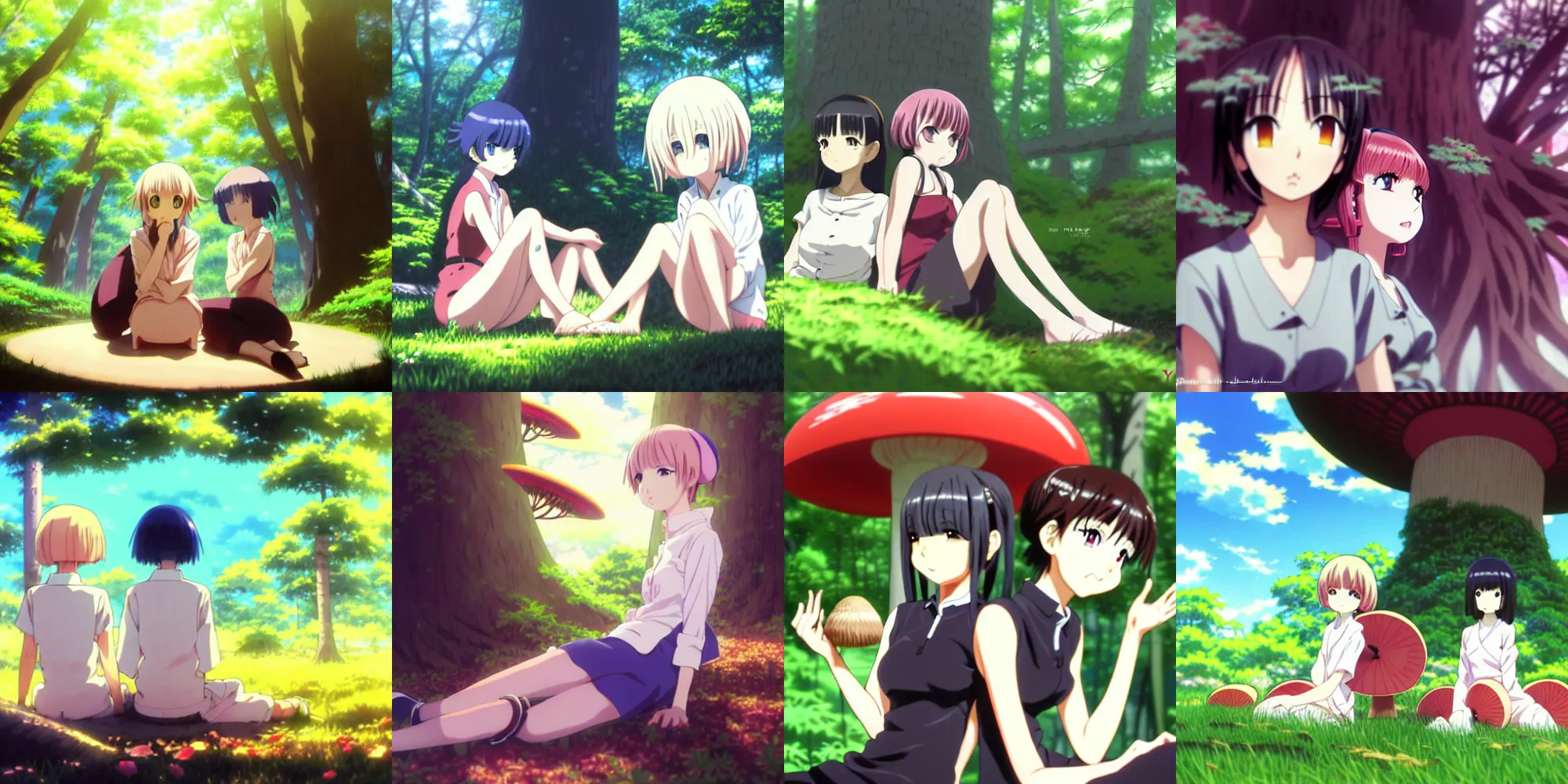 Prompt: anime still film anime shikishi, two female character sitting next to a giant mushroom and dark forest, cute face by ilya kuvshinov yoshinari yoh makoto shinkai katsura masakazu kyoani, dynamic perspective pose super detailed facial features eyebrowless symmetry, gapmoe yandere grimdark, crisp and sharp cel shade ambient light n