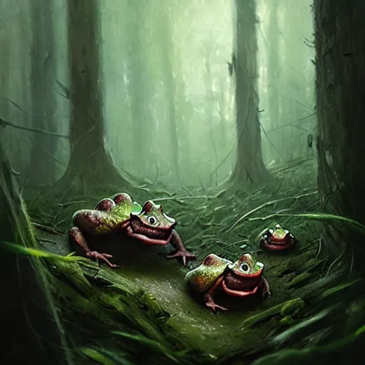 Image similar to evil toads in the forest, highly detailed, realistic, greg rutkowski