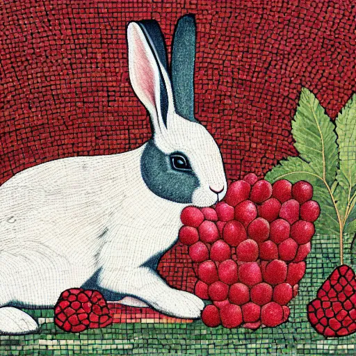 Image similar to a rabbit eating raspberries in the style of ancient mosaic