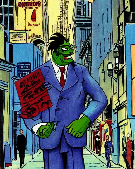 Image similar to smug male antagonist in suit, uptown city street, artwork by ralph bakshi