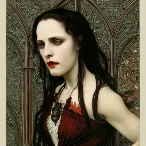 Image similar to portrait of a lady vampire, 35mm, 1800s, depth of field, DOF, ominous, sharp, highly detailed, photorealistic, realistic, unreal 5, high definition, 8k, deviantart, donato giancola, irwin penn, Alphonse Mucha