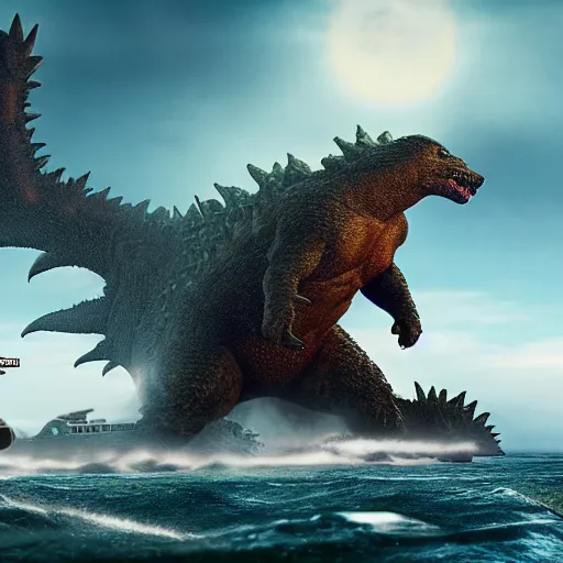 Image similar to gigantic 1 0 0 meters beagle fighting with godzilla over the sea, epic cinematic, 4 k, very high detail