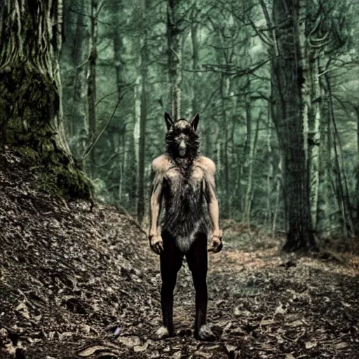 Image similar to standing werecreature consisting of a human and wolf, photograph captured in a forest