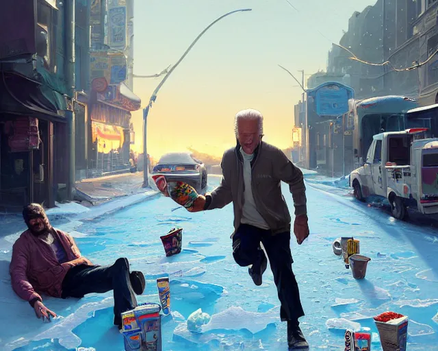 Prompt: Highly detailed portrait of homeless Joe Biden barefooted chasing the ice cream truck, in GTA V, Stephen Bliss, unreal engine, fantasy art by Greg Rutkowski, Loish, Rhads, ferdinand knab, Makoto Shinkai and Lois van baarle, ilya kuvshinov, rossdraws, Tom Bagshaw, global illumination, radiant light, detailed and intricate environment