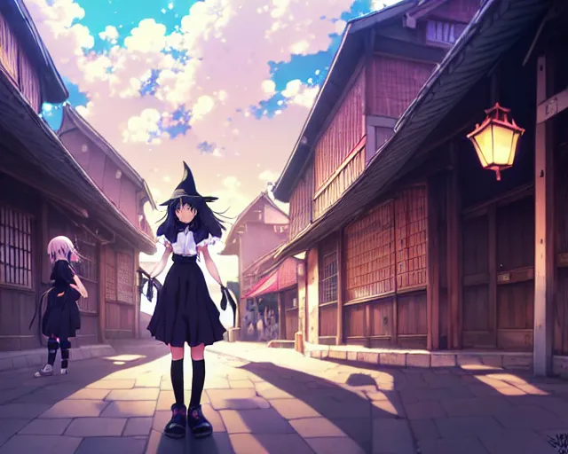 Image similar to key anime visual portrait of a young female witch walking through a busy fantasy village, ilya kuvshinov, dynamic pose, dynamic perspective, cinematic, dramatic lighting, muted colors, detailed silhouette, textured, anime proportions, kyoto animation, haibane renmei, niea under 7, yoh yoshinari