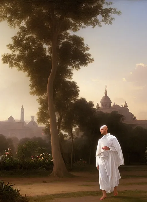 Image similar to oil painting portrait of a tonsured dominican monk in a white habit, striding dancing through a flourishing garden at sunset with a monastery in the background, hazy, digital art, chiaroscuro, artstation, cinematic, golden hour, digital art painting by greg rutkowski, william - adolphe bouguereau, hazy atmosphere, flowers, cinematic lighting