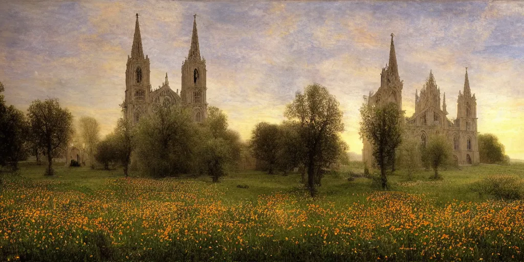 Prompt: a recursive cathedral made of marble within a wildflower meadow at dawn, in the style of alma tadema