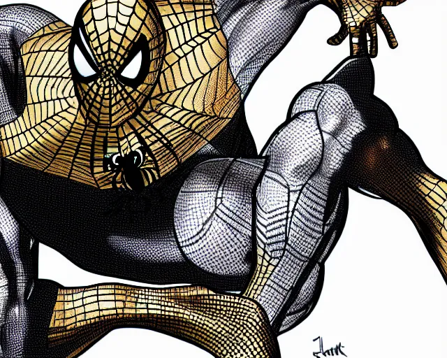 Image similar to photorealistic sketch of black spider - man with gold webbing