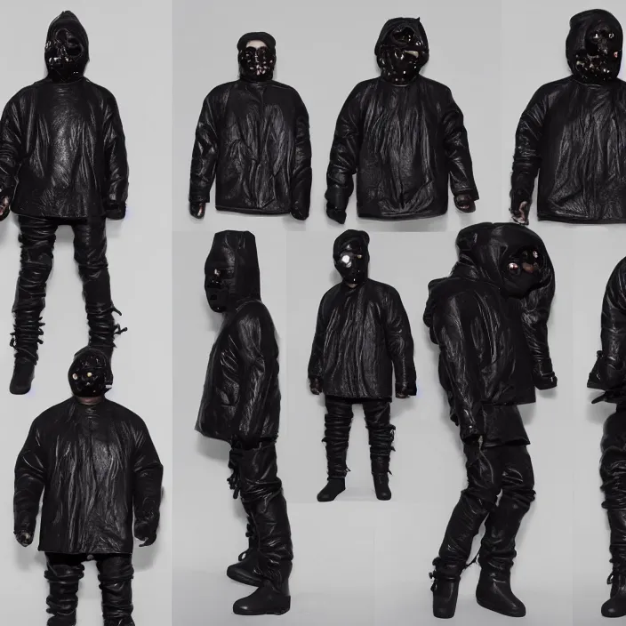 Image similar to kanye west using a face covering black mask with small holes, a black shirt, a black overinflated puffer jacket and black rubber boots, a hot toys figure of kanye west using a black mask with small holes, a black shirt, a black undersize hoodie and black rubber boots, figurine, detailed product photo