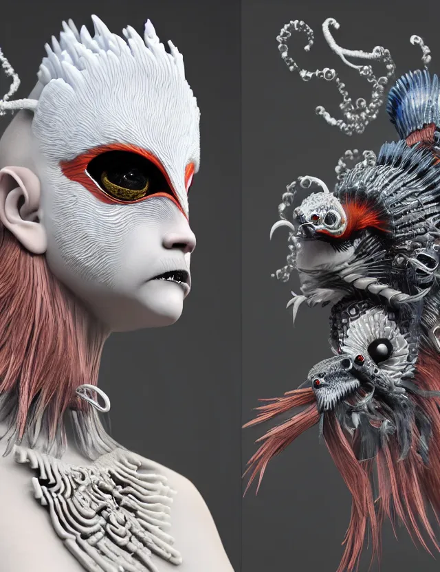 Image similar to 3 d goddess close - up profile simple portrait punk with mohawk with ram skull. beautiful intricately detailed japanese crow kitsune mask and clasical japanese kimono. betta fish, jellyfish phoenix, bio luminescent, plasma, ice, water, wind, creature, artwork by tooth wu and wlop and beeple and greg rutkowski