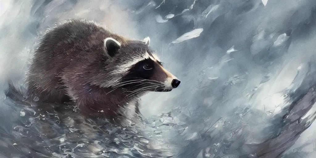 Image similar to highly detailed beautiful photography of raccoon, splash, sharp focus, dramatic, dynamic lighting, elegant, harmony, beauty, masterpiece, by riccardo federici, by james jean, by craig mullins, by durero, by lois van baarle, by makoto shinkai, by greg tocchini, by greg rutkowski, illustration, ink draw, pen, spatula