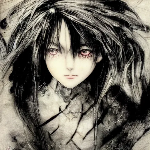 Image similar to Yoshitaka Amano realistic illustration of an anime girl with black eyes, wavy white hair fluttering in the wind and cracks on her face wearing Elden ring armour with engraving, abstract black and white patterns on the background, noisy film grain effect, highly detailed, Renaissance oil painting, weird portrait angle, blurred lost edges