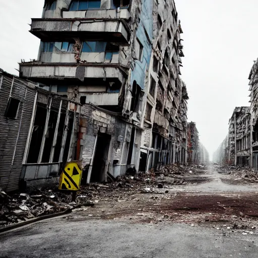 Image similar to an apocalyptic derelict city street with destroyef buildings on the sides