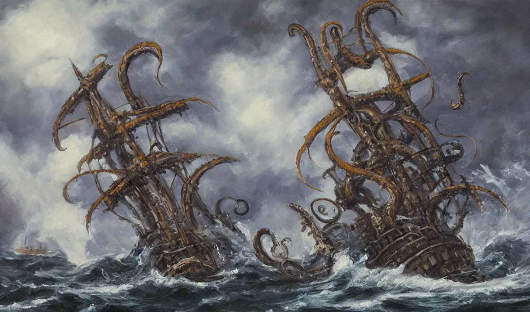 Prompt: oil painting of a kraken attacking a pirate ship