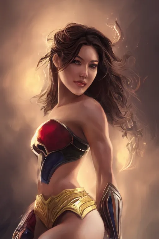 Image similar to three quarters portrait pose of a beautiful woman, strong body,super heroine costume,super powers, fantasy, intricate, elegant, highly detailed, digital painting, artstation, concept art,shining, sharp focus, illustration, art by Stanley Lau