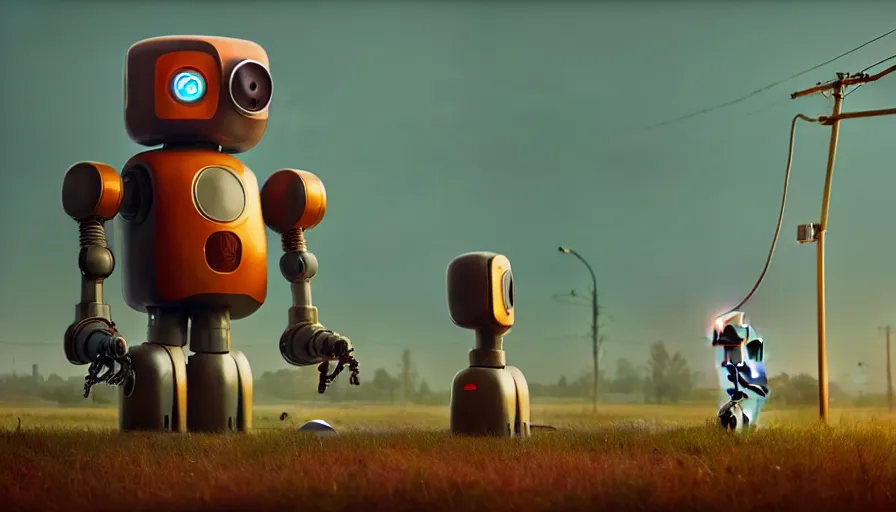 Image similar to tall cute robot with his best dog friend, by Simon Stalenhag, unreal engine, octane render, 8k, rule of thirds