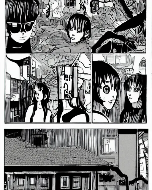 Image similar to three panels from junji ito's 'house in the style of a black cat', full width, action shot, first person, manga