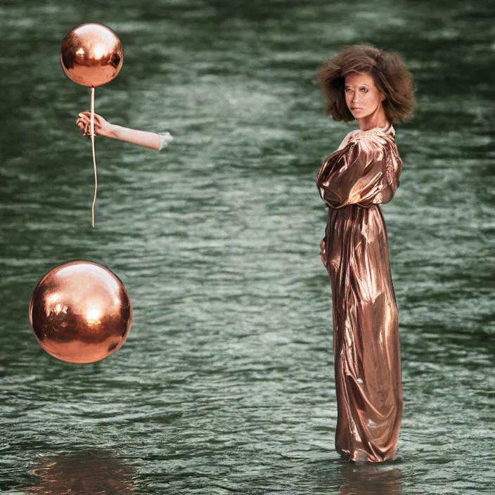 Prompt: a closeup portrait of a woman wrapped in plastic, standing next to a levitating copper orb, in a river, color photograph, by vincent desiderio, canon eos c 3 0 0, ƒ 1. 8, 3 5 mm, 8 k, medium - format print