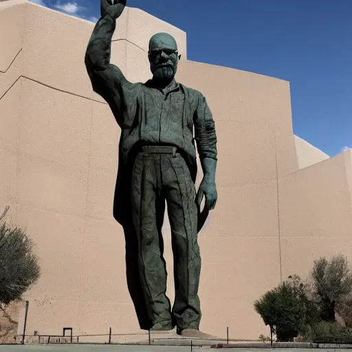 Prompt: Walter White as a colossal statue overlooking Albuquerque