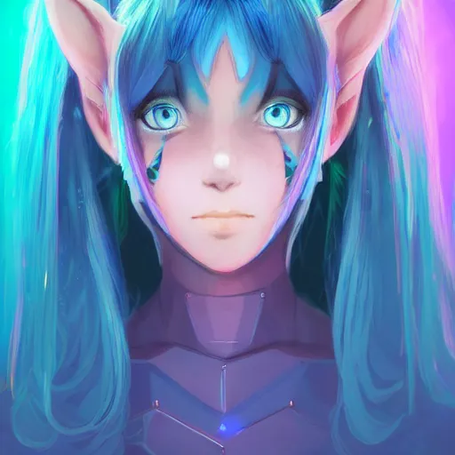 Image similar to art championship winner vivid colors trending on artstation portrait of a goddess elven mecha warrior princess, head and shoulders, blue hair, matte print, pastel pink neon, cinematic highlights, lighting, digital art, cute freckles, digital painting, fan art, elegant, pixiv, by Ilya Kuvshinov, daily deviation, IAMAG, illustration collection aaaa updated watched premiere edition commission ✨✨✨ whilst watching fabulous artwork \ exactly your latest completed artwork discusses upon featured announces recommend achievement