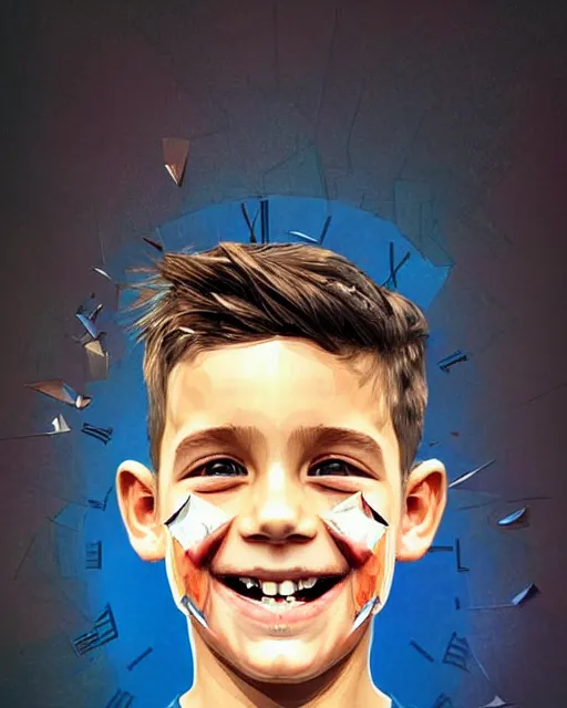 Image similar to digital art of smiling boy, shards of time, face portrait, centered portrait, illustration, highly detailed, simple, no jagged lines, smooth, artstation, artwork by obey, artwork by sandra chevrier