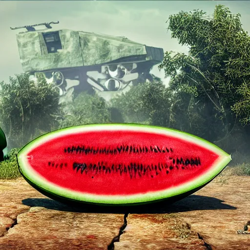Prompt: Very very very very highly detailed fantastic Watermelon as military vehicle with epic weapons, on a battlefield in russian city as background. Less Watermelon a lot more military vehicle, Photorealistic Concept 3D digital art in style of Caspar David Friedrich, super rendered in Octane Render, epic dimensional light