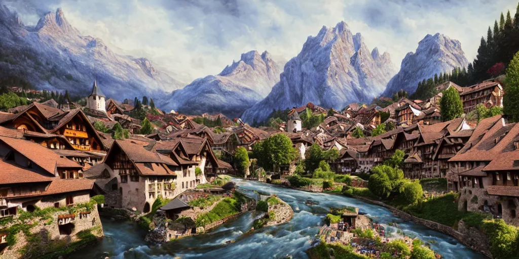 Image similar to view of a medieval walled city nestled in a mountain with small river flowing through center, large castle high up in a mountain peak in the background, alpine architecture, half - timbered, tudor style houses, chalet, soft colors, cozy, very beautiful, intricate, majestic, concept art, artgerm, james gurney, trending on art station