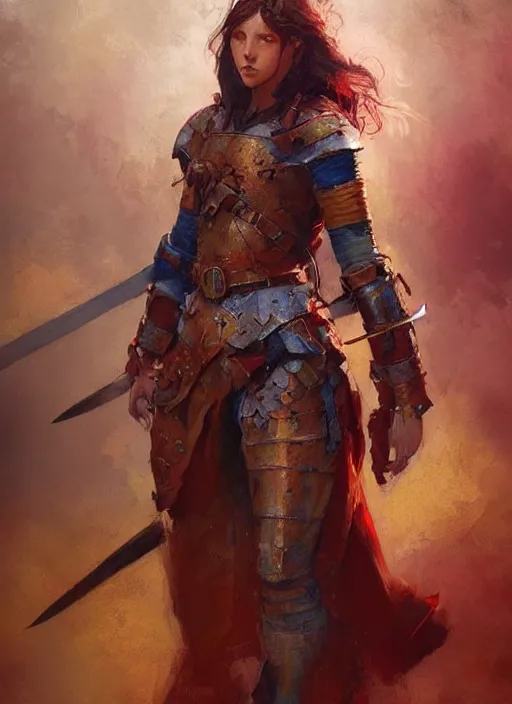 Image similar to hyper realistic painting of medieval beautiful warrior girl, full body, rule of thirds, conceptart, saturated colors, craig mullins jean baptiste monge artstation cgsociety pinterest