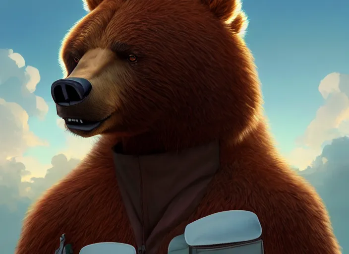 Image similar to character portrait feature of the anthro male anthropomorphic kamchatka brown bear fursona wearing airline pilot outfit uniform professional pilot for the us air force character design stylized by charlie bowater, ross tran, artgerm, and makoto shinkai, detailed, soft lighting, rendered in octane, maldives in background