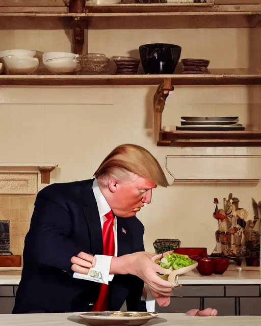 Image similar to wide shot photoshoot of donald trump preparing a meal, 8 k, photorealistic