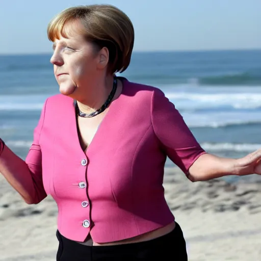 Prompt: angela merkel working out at muscle beach l. a., lots of muscles, good body