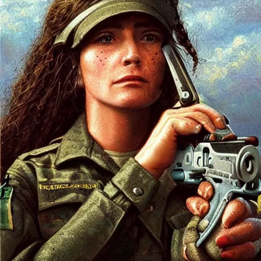 Prompt: a female soldier pressing a staple gun to her own head and looking depressed by thomas kincade realistic, high details