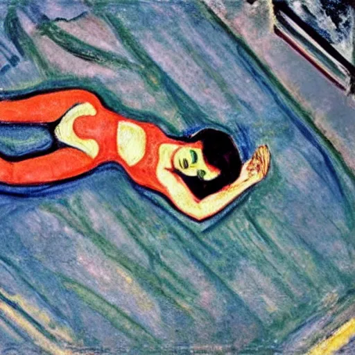 Image similar to subdued aerial view by edvard munch. a street art of a woman reclining on a bed.