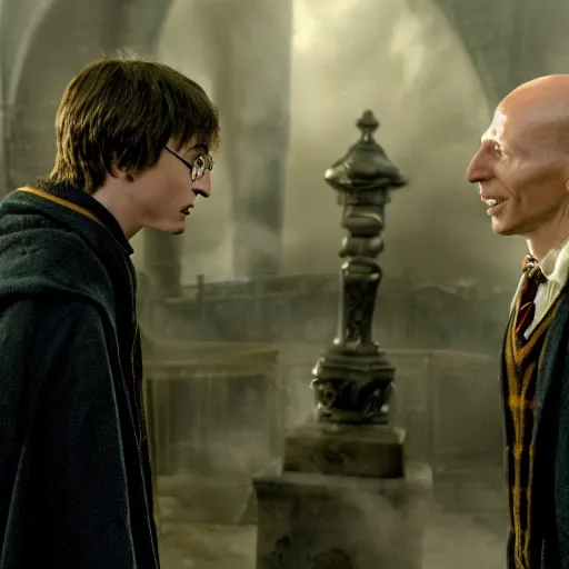 Prompt: harry potter fighting a voldemort 4k epic scene