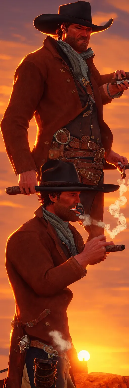 prompthunt: Arthur Morgan smoking a cigar, wild west background, sunset.  digital art. amazing quality. perfect lighting. Professional design. Great  composition. Mind blowing detail. award winning art. impressive colors.  trending on artstation.