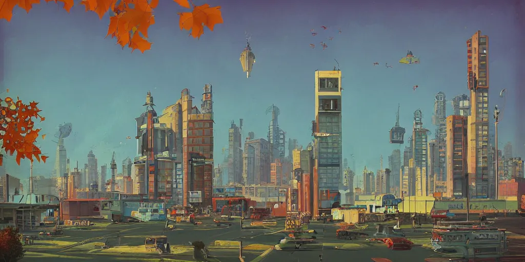 Image similar to retrofuturistic autumn post soviet city in style of Simon Stalenhag