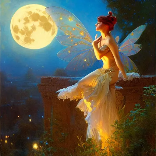 Image similar to attractive fairy magically floating high in the night, fantasy, full moon in background. highly detailed painting by gaston bussiere, craig mullins, j. c. leyendecker, mid shot, 8 k