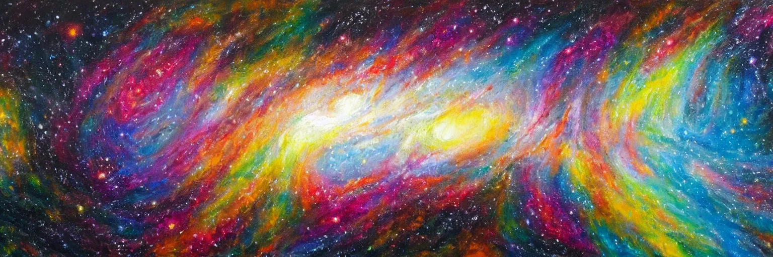 Image similar to an oil painting of hyper realistic galaxy colliding, colourful