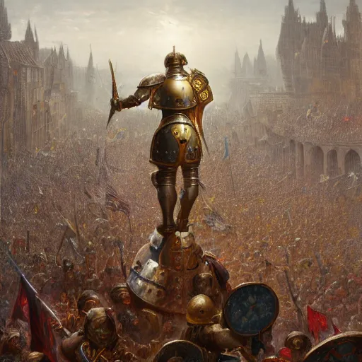 Image similar to artstation concept of a man in armor standing in a crowd gettig cheered, man with arms wide open, bright colorful, gold, hyperdetailed, artstation trending, world renowned artists, worth 1 0 0 0. com, historic artworks society, antique renewel, cgsociety, by greg rutkowski, by gustave dore, deviantart