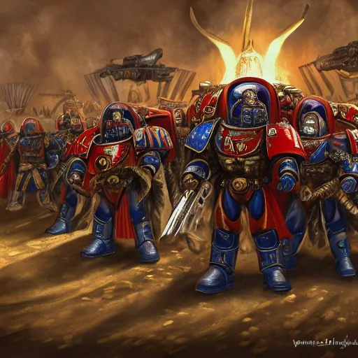 Prompt: space marine looking at an medieval army, highly detailed, digital art, trending on artstation ,-n 4