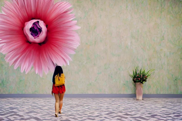 Prompt: giant flower head, girl walking in hotel, surreal, symmetry, flat space, fanciful, colourful, detailed, wes anderson