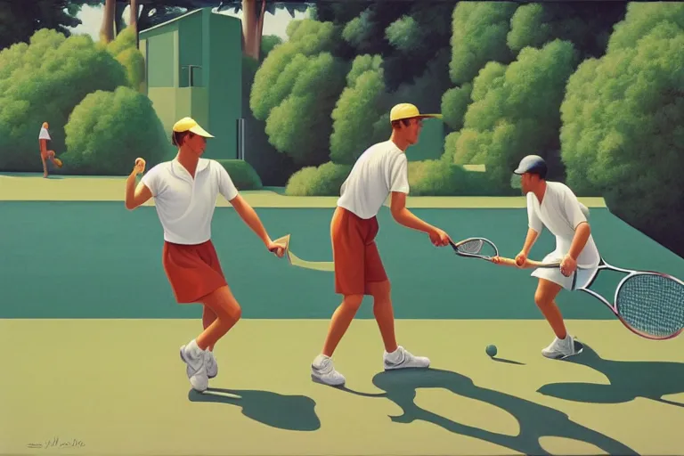 Prompt: two men playing tennis, summer afternoon, kenton nelson