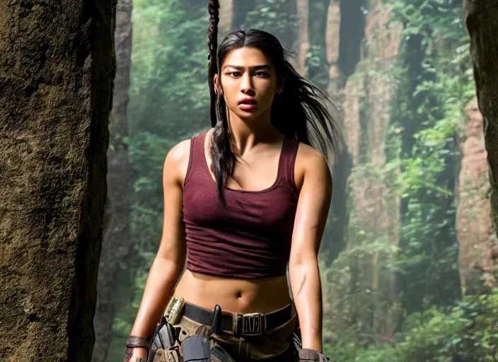 Image similar to film still of!!!! amber midthunder!!! as lara croft in new tomb raider movie, 8 k