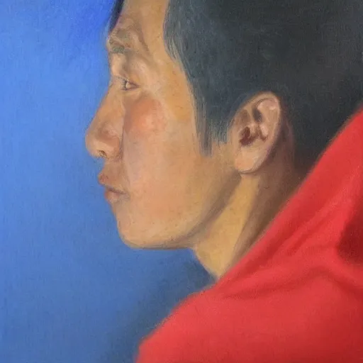 Prompt: profile portrait in filipino realist style ( 1 9 5 4 ), ultramarine blue, venetian red, titanium white, modeled lighting, detailed, expressive, shadows