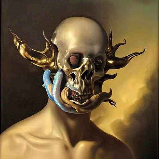 Image similar to refined gorgeous blended oil painting with black background by christian rex van minnen rachel ruysch dali todd schorr of a chiaroscuro portrait of an extremely bizarre disturbing mutated man with shiny skin acne dutch golden age vanitas intense chiaroscuro cast shadows obscuring features dramatic lighting perfect composition masterpiece