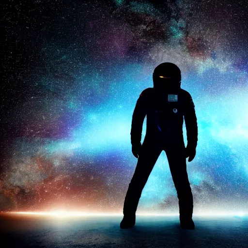 Image similar to astronaut silhouette with arms extended forward, bottom of arms lit by light coming from off camera, light coming from below, starry sky background, lit from below, full body photo,, 8 k