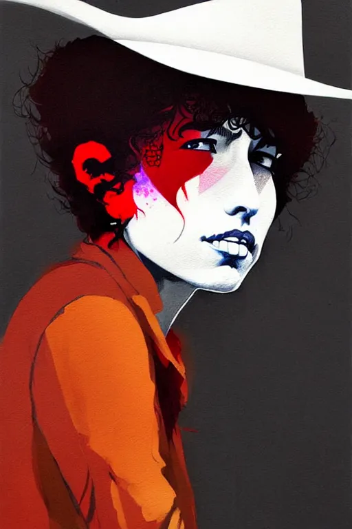 Prompt: a ultradetailed painting of bob dylan woman wearing a cowboy hat and smirking by conrad roset, greg rutkowski and makoto shinkai trending on artstation