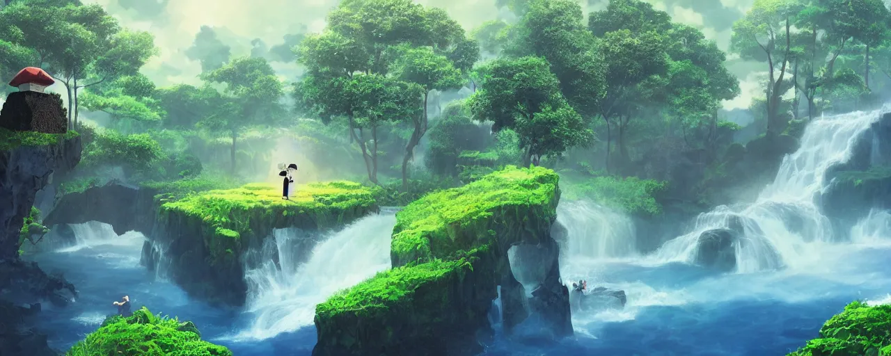 Prompt: One perfectly shaped black cube, hyper realistic, floating on the right side of a beautiful enchanted landscape with trees and waterfalls, in the style of Hayao Miyazaki