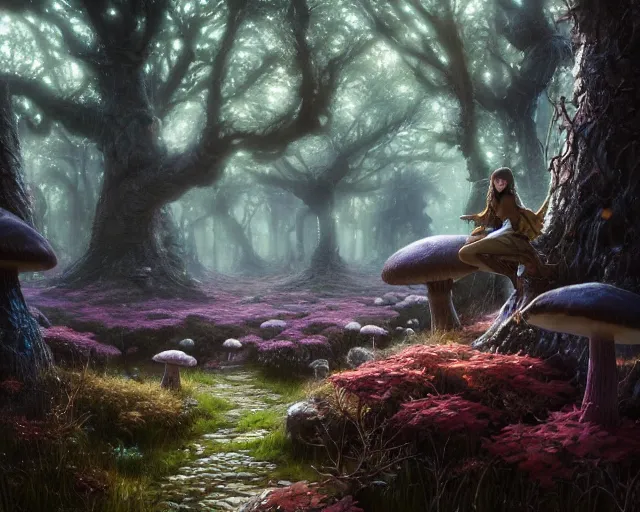 Image similar to highly detailed portrait of a magical mushroom forest, in skyrim, stephen bliss, unreal engine, fantasy art by greg rutkowski, loish, rhads, ferdinand knab, makoto shinkai and lois van baarle, ilya kuvshinov, rossdraws, tom bagshaw, global illumination, radiant light, detailed and intricate environment